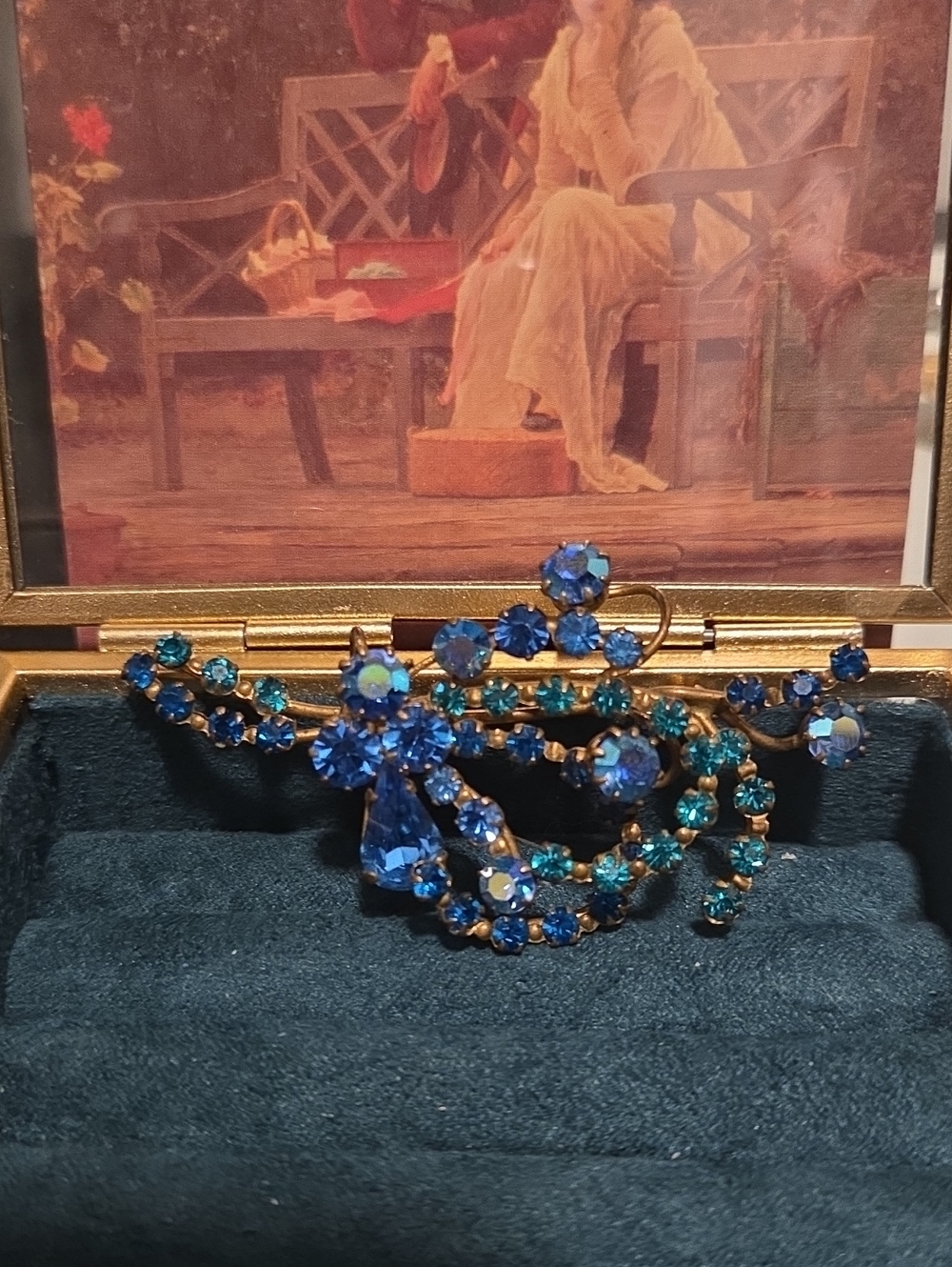 Signed AUSTRIA Blue Crystal Swirl Brooch